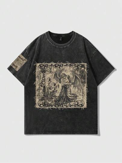 Goth Men's Retro Anime Snowflake Print Crew Neck Short Sleeve T-Shirt, Suitable For Spring And Summer