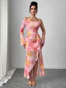 Firerie Vestido maxi elegante y romántico, único para el Día de San Valentín, con hombros descubiertos, mangas de campana, estampado de teñido anudado en degradado rosa, efecto encaje y cintura ajustada con abertura lateral, para una cita sofisticada