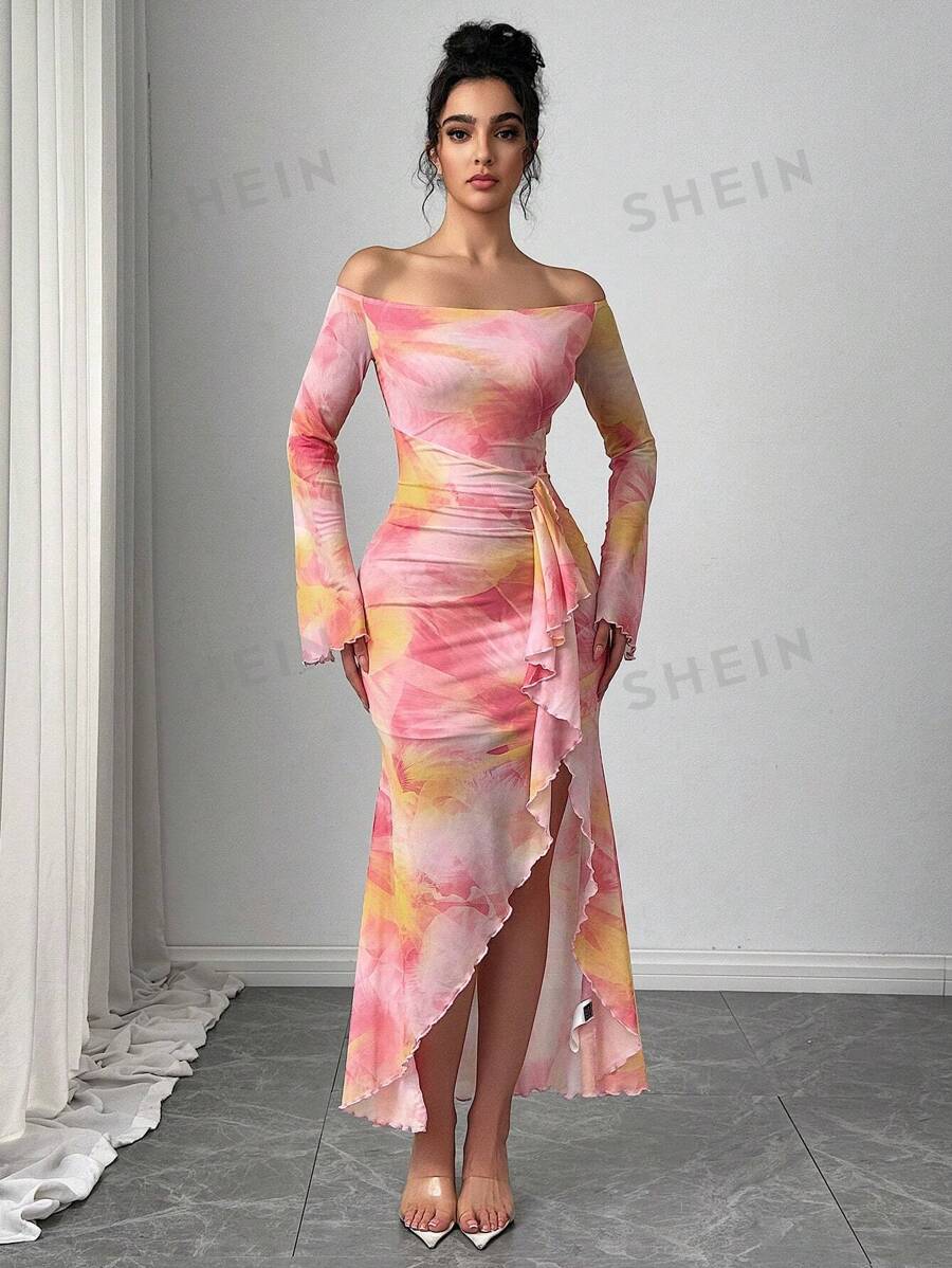 Firerie Vestido maxi elegante y romántico, único para el Día de San Valentín, con hombros descubiertos, mangas de campana, estampado de teñido anudado en degradado rosa, efecto encaje y cintura ajustada con abertura lateral, para una cita sofisticada