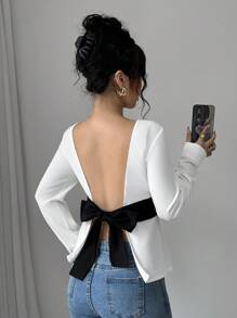 SHEIN Essnce 女士蝴蝶结后背长袖衬衫，白色长袖衬衫，情人节约会的理想之选 - 黑與白 - 查看 7