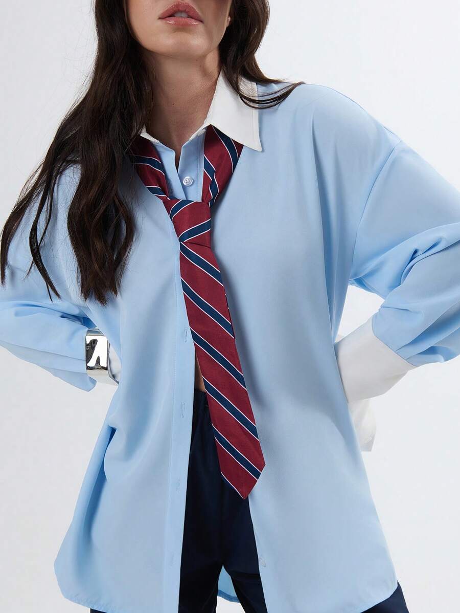 TypaGal Classy Oversized Boyrfriend Shirt With Contrast Collar & Cuff - Blue and White - View 1