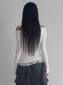 DAZY Camiseta blanca de manga larga con cuello redondo, detalles de encaje con contraste y lazo, para primavera/verano