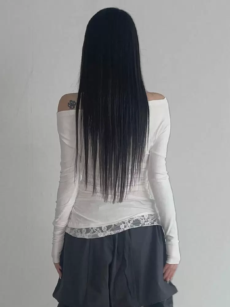 Women's Round Neck Contrast Lace Tie Long Sleeve White T-Shirt, Spring/Summer