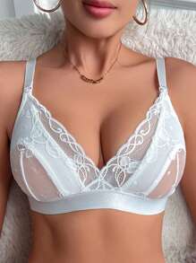 Maternity Contrast Lace White Sexy Nursing Bra Wireless, 1pc Sexy Lingerie