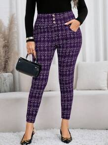SHEIN Clasi Plus Size Front Button Heart Allover Print Casual Pants, Fashionable For Everyday Wear, For Daily Wear&Valentine's Day Date & Party Pants
