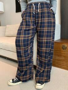Dazy Plus Plus Size Elastic Waist Drawstring Loose Plaid Casual Pants, Suitable For All Seasons Fall