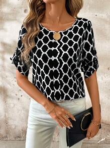 SHEIN Clasi Blusa de manga media con patrón geométrico para mujer