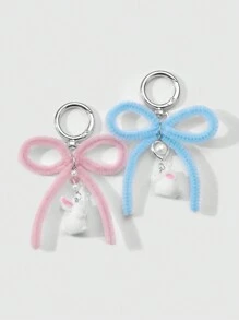 ROMWE Kawaii 2pcs Ins Style Cute & Delicate Fashion Highly Attractive Pink + Blue Flocked Twist Bow Bunny Pendant Keychain & Keyring, Combo Set Suitable For Sisters, BFFs, Couples, Friends, Daily Wear, Holiday Gift