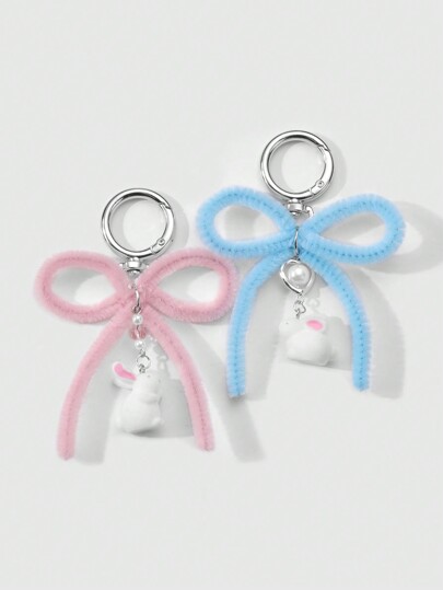 Kawaii Set de 2 lindos y delicados colgantes de llavero con forma de conejito con moño retorcido de estilo Ins, en color rosa + azul, atractivos y a la moda, ideal para hermanas, mejores amigas, parejas, amigos, uso diario y regalo para fiestas