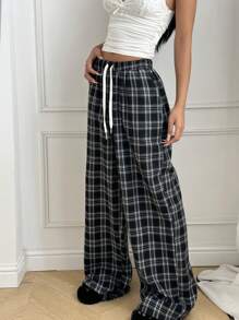 CovetEZ Pantalones holgados de talla grande para mujer con cordón en la cintura y estampado de cuadros, aptos para otoño/invierno
