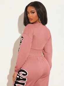 SHEIN SXY Letter Graphic Drop Shoulder Crop Women Sweatshirt In Fall/Winter - Coral Pink - View 2