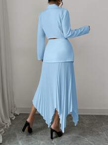 Elenzga 2pcs Elegant Women Suit Set: Blazer With Lapel Collar & Cinched Waist Waist, Top With Asymmetrical Pleated Hem Skirt - Baby Blue - View 2
