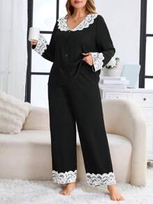 Plus Size Lace Collar Patchwork Long Sleeve Pajama Set