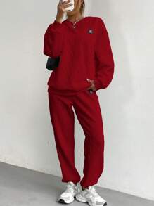 Conjunto de 2 piezas sencillo para mujeres color gris oscuro, con sudadera de manga larga y pantalones largos - Burdeos - Ver 4