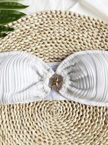 Soleia Women's White Knitted Jacquard Texture Bandeau Bikini Set,Summer Casual Pool Party Vacation Holiday Swimwear,Minimalist Top And Bottom Swim Suits - White - View 5