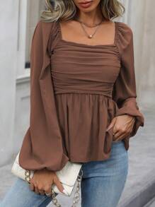 EMERY ROSE Áo sơ mi nữ cổ vuông dài tay xếp ly tối giản, giản dị để mặc hàng ngày - Cà phê nâu - Xem 3