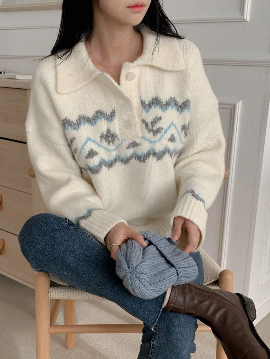 DAZY Women's Turndown Collar Color-Block Front Button Long Sleeve Casual Sweater, Younger-Looking Design Fall,Winter - Apricot - View 1