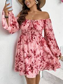 SHEIN VCAY Plus Size Pink Off-Shoulder Printed Dress For Women,Bell Sleeve Boho Autumn Holiday Vacation Spring Clothes, Date Night Valentine's Day Outfit - Multicolor - View 4