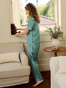 Conjunto de 3 piezas de pijama de satén elegante y minimalista para adolescentes, incluye pantalón largo y camiseta de manga corta, ropa de estar en casa cómoda y casual - Verde - Ver 3