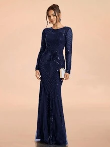 SHEIN Belle 女士圆领长袖美人鱼下摆亮片装饰正式晚礼服，优雅晚会舞会礼服，婚礼宾客礼服，派对礼服 - 藍色 - 查看 5