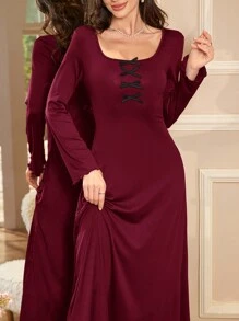 SHEIN 优雅蝴蝶结装饰喇叭下摆休闲女式家居服连衣裙，舒适保暖，秋冬必备 - 酒紅色 - 查看 4