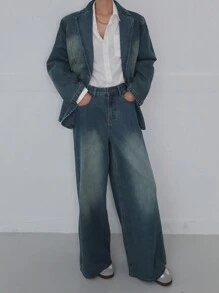 DAZY 2pcs Women Denim Suit: Blazer Jacket And Trousers - Medium Wash - View 3