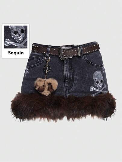 Grunge Punk Gonna in denim vintage con cintura decorata con pendente a forma di cuore e stampa leopardata, con cuciture in pelliccia sintetica e PU, decorata con teschi e paillettes