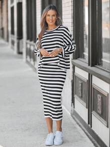 SHEIN LUNE Women's Batwing Sleeve Loose T-Shirt + Women's Striped Fitted Skirt,Office Wear,Winter Sets,Office Wear Women