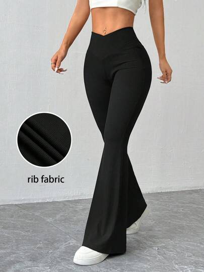 Calvaya Pantalones de punto acampanados con cintura asimétrica para mujer, color negro, otoño/invierno