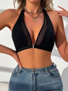 1pc Women's Mesh Contrast Halter Casual Camisole, For Everyday Wear - Black - View 3