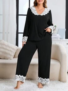 Plus Size Lace Collar Patchwork Long Sleeve Pajama Set
