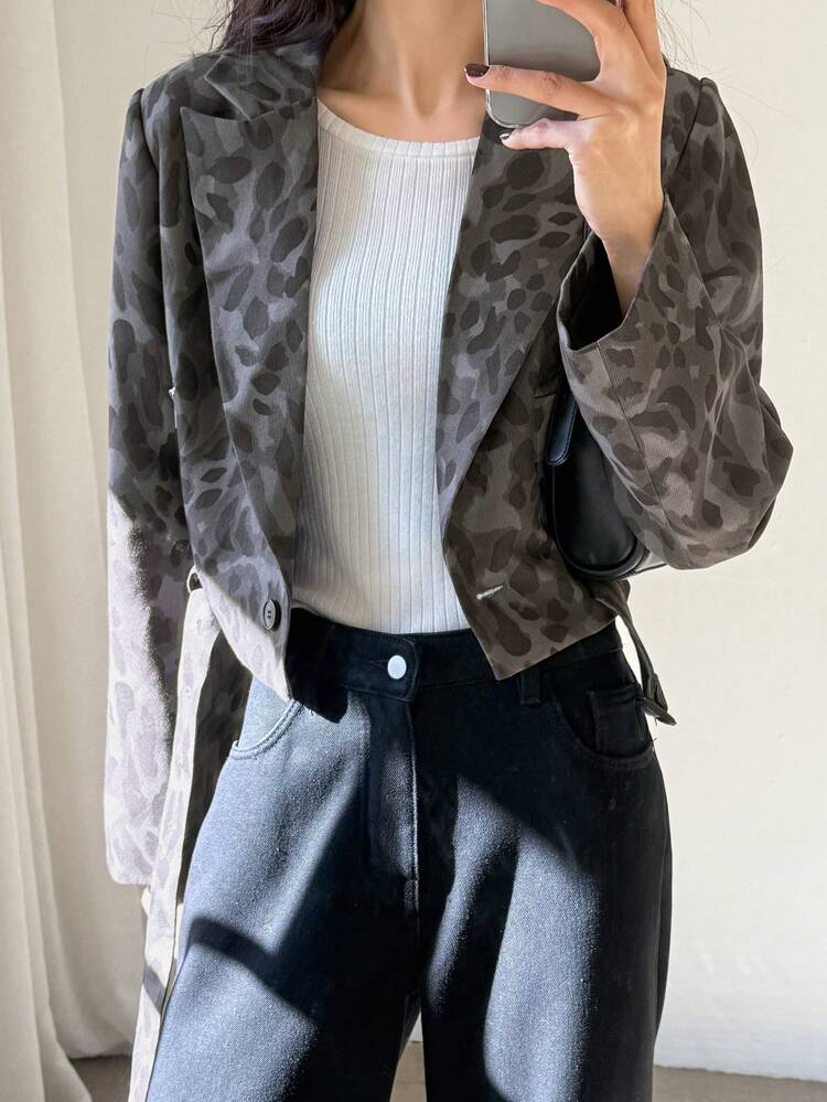 Women's Autumn Casual Notched Collar Long Sleeve Leopard Print Short Jacket Cheetah Print Women Coats
