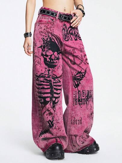 ROMWE Grunge Punk Spring/Summer Carnival Party Graphic Pink Punk Music Festival Pink Y2K Gyaru Baddie Skeleton & Gothic Letter Print Jeans Boy Friend Jeans
