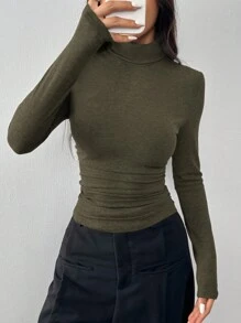 SHEIN EZwear 女士高领长袖修身简约上衣，休闲日常穿着 - 軍綠色 - 查看 6