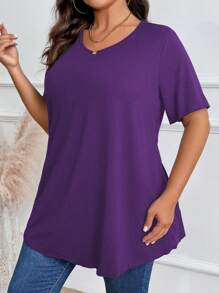 EMERY ROSE Plus Size Solid Color Round Neck Short Sleeve Casual Top - Purple - View 5