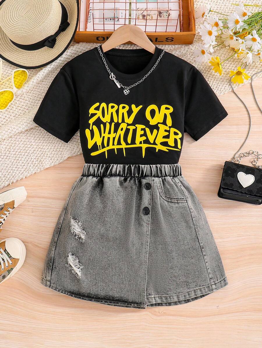 Tween Girls  Slogan Graphic Tee & Ripped Denim Skirt, School, Campus, College - Multicolor - View 1
