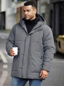 Manfinity CasualCool Plus Size Men's Solid Color Zip Closure Hooded Casual Winter Jacket