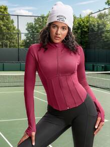 Easithlete Women's Solid Color Front Zip Long Sleeve Fitted Athletic Jacket - Hot Pink - View 1