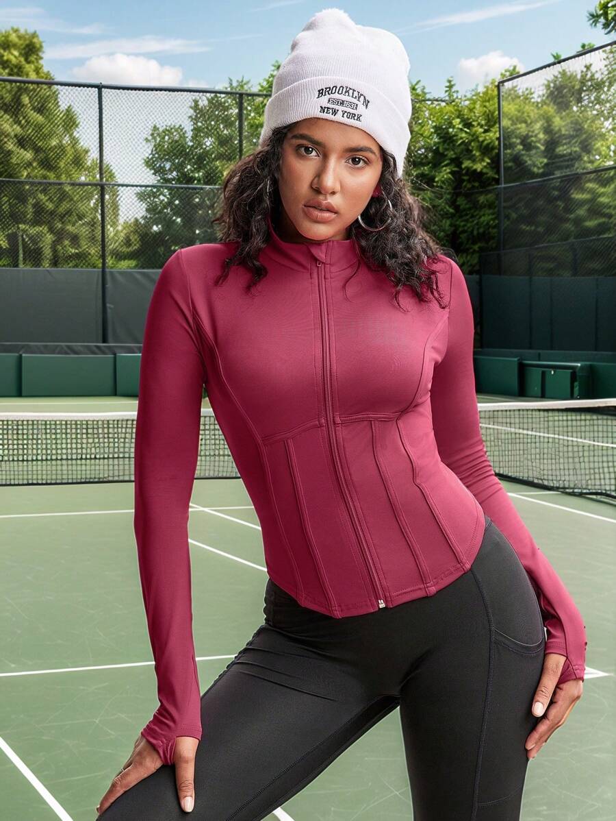 Easithlete Women's Solid Color Front Zip Long Sleeve Fitted Athletic Jacket - Hot Pink - View 1