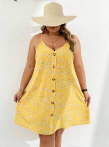 SHEIN CURVE+ Plus Size Women's Spring/Summer Yellow Ditsy Floral Spaghetti Strap Button Decor Casual Dress Boho Vacation,Beach Dress Sundress,Holiday Outfits
