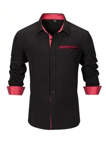 Manfinity Mode Men's Solid Color Button-Front Long Sleeve Pocket Minimalist Top - Black - View 3