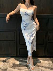 DAZY Robe mi-longue à bretelles fines imprimée florale pour femmes - Bleu azur - Voir 7