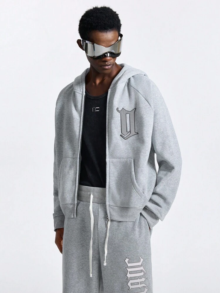 Men's Street Style Grey Hoodie Knit Reflective Letter Hooded Sweatshirt, For Fall Winter