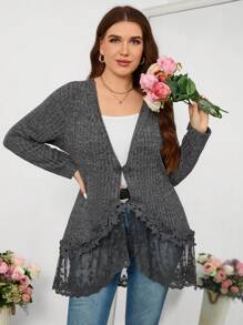 SHEIN Clasi Plus Size Women Front Button Long Sleeve Lace Trim Casual Blouse