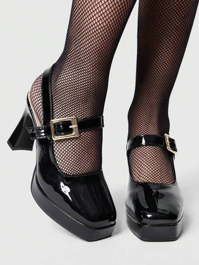 Goth 2024 Spring Retro Square Toe Mary Jane High Heel Shoes Women, French Patent Leather Waterproof Platform Chunky Heel Pumps New Year Holiday