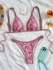 Soleia Women's Colorful Ditsy Floral Patchwork Plaid V-Neck Tie Front Swimwear Set,Swim Suits For Women,Vacation Outfit Women,Summer Outfits For Women,Beach Outfits For Women,Valentine's Day - Multicolor - View 2