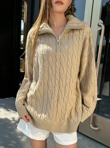 INAWLY Damen einfarbiger Reißverschluss Vorne Langarm Minimalistischer Pullover, Lässig Tägliches Tragen Strickpullover Herbst Winter - Aprikosenfarben - Übersicht 8