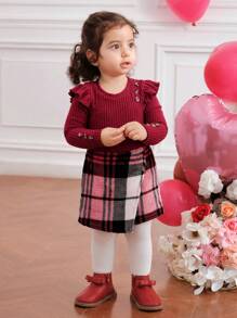 SHEIN Fern Glow  2pcs/Set Baby Girl Valentine's Day Cute Knitted Red Long Sleeve Top And Plaid Elastic Waist Skirt Outfit, Autumn/Winter/Spring