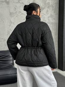 SHEIN EZwear Plus Size Thick Quilted Padded Coat With Drawstring Waist, Slim Fit, Autumn/Winter - Black - View 2