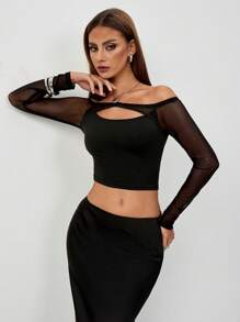 Chiquease 1pc Off-Shoulder Mesh Hollow T-Shirt, Black Skinny Stretch T-Shirt, Sexy & Fashionable Top